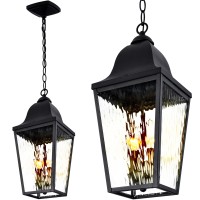 Mo&Ok 17`` High Black Outdoor Hanging Light Exterior Pendant Light Fixture With 48`` Adjustable Chain Large Modern Farmhouse Chandelier Aluminum Outdoor Lanterns For Front Porch Outside Patio