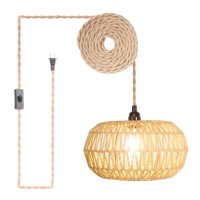 Plug In Pendant Light Rattan Hanging Lights With Plug In Cord 164Ft Hemp Rope Cord Lamp Shade Plug In Retro Hanging Lamp Fixtur