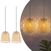 Livinlarge 2Pack Bamboo Woven Outdoor Chandelier Small Hanging Rattan Solar Pendant Lights Modern Retro Boho Pendant For Gazebo