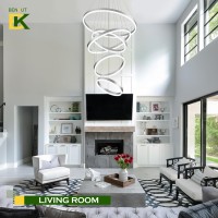 Benkut 5Rings Modern Led Chandelier Silver High Ceiling Chandelier With Remote Control Dimmable Contemporary Chandeliers For Di