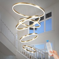 Benkut 5Rings Modern Led Chandelier Gold High Ceiling Chandelier With Remote Control Dimmable Contemporary Chandeliers For Dini