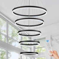 Benkut 5Rings Modern Led Chandelier Black High Ceiling Chandelier With Remote Control Dimmable Contemporary Chandeliers For Din