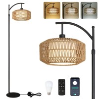 Lamsu Arc Floor Lamps For Living Room Dimmable Rattan Floor Lamp With Remote Led Bulb Mid Century Modern Standing Lamp With