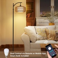 Lamsu Arc Floor Lamps For Living Room Dimmable Rattan Floor Lamp With Remote Led Bulb Mid Century Modern Standing Lamp With