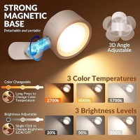 Auderwin Led Wall Sconces Battery Operated Rechargeable Wireless Wall Lights 3 Color Temperature And Dimmable 360 Rotation Cor