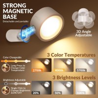 Auderwin Led Wall Lights Rechargeable Battery Operated Wall Sonce 3 Color Temperature 3 Brightness Levels Magnetic 360 Rotatio