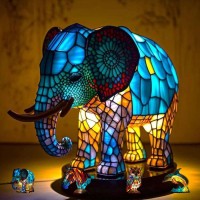 Pinnkl Animal Table Lamp Series, Stained Glass Table Lamp Night Light, Stained Glass Animal Night Light, Rustic Table Lamp, Creative Wild Animal Sculpture Table Lamp, Home Decoration (Elephant)