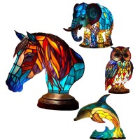 Pinnkl Animal Table Lamp Series, Stained Glass Table Lamp Night Light, Stained Glass Animal Night Light, Rustic Table Lamp, Creative Wild Animal Sculpture Table Lamp, Home Decoration (Elephant)