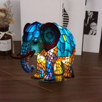 Pinnkl Animal Table Lamp Series, Stained Glass Table Lamp Night Light, Stained Glass Animal Night Light, Rustic Table Lamp, Creative Wild Animal Sculpture Table Lamp, Home Decoration (Elephant)