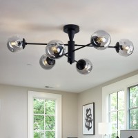 Hesoge Modern Sputnik Ceiling Lights Black Semi Flush Mount Ceiling Fixture With Glass Globes 6 Light Chandelier For Dining Room