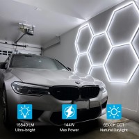 Hyperlite Hexagon Garage Led Light Upgraded 3 Level Dimmable 144W 15840Lm Super Bright Garage Detailing Lights 5 Grids Hexagon