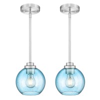 Jazava Modern Blue Glass Pendant Light Globe Hanging Light Fixture With Brushed Nickel Finish For Kithen Island Dining Room Bed