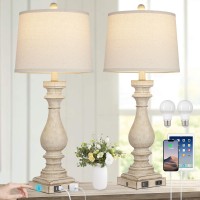 Rinweey 275 Farmhouse Table Lamp For Living Room Set Of 2 Vintage Bedside Lamps With Usb Ca Ports Ac Outlet 3Way Dimmable