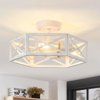 Xsdetu 3Light Flush Mount Ceiling Light Fixture Modern Close To Ceiling Light With White Metal Hexagon Cage Farmhouse Ceiling