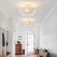 Xsdetu 3Light Flush Mount Ceiling Light Fixture Modern Close To Ceiling Light With White Metal Hexagon Cage Farmhouse Ceiling