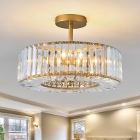 Piepooye 4 Lights Modern Crystal Chandelier Gold Round Semi Flush Mount Ceiling Light Fixture Farmhouse Chandelier For Dinning R