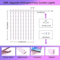 Sinamer Pink Curtain Light With Untangled Wires For Bedroom 300Led 98Ft X 98Ft Window Fairy Curtain String Light With 16 Hook