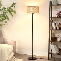 Rattan Floor Lamps For Living Room Rattan Boho Floor Lamp Black Metal Floor Lamp With Led Bulb Rattan Fabric Double Shades F