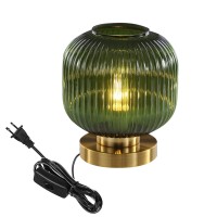 Doungros Green Table Lamp Glass Nightstand Lamp Mid Century Modern Gold Desk Lamp With Green Pumpkin Design Ribbed Glass Bed Side Lamp For Bedroom Living Room Office