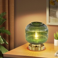 Doungros Green Table Lamp Glass Nightstand Lamp Mid Century Modern Gold Desk Lamp With Green Pumpkin Design Ribbed Glass Bed Side Lamp For Bedroom Living Room Office