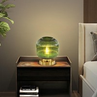 Doungros Green Table Lamp Glass Nightstand Lamp Mid Century Modern Gold Desk Lamp With Green Pumpkin Design Ribbed Glass Bed Side Lamp For Bedroom Living Room Office