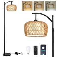 Lamsu Arc Floor Lamp With Remote Dimmable Rattan Floor Lamp With Led Bulb Boho Farmhouse Tall Pole Lamp With Rattan Fabric S