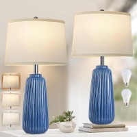 Yusist 25Inch Modern Ceramic Table Lamps Set Of 2 Blue Tall Nightstand Lamp 3Way Dimmable Farmhouse End Table Lamps For Living