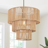 Foucasal Boho Pendant Light 3Tiered Large Chandelier Light Fixtures 17 Farmhouse Rustic Hanging Lamp Hand Woven Rattan Penda