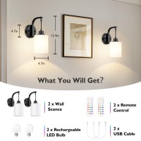 Battery Operated Wall Sconce Set Of 2 Wireless Rechargeable Wall Lights Glass Wall Lamps With Remotes And Dimmable Rgb Led Bul