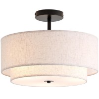 Calokes 16 Double Drum 3Light Semi Flush Mount Ceiling Light Classic Fabric Linen Shade Design For Living Room Bedroom Kit