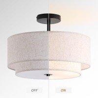 Calokes 16 Double Drum 3Light Semi Flush Mount Ceiling Light Classic Fabric Linen Shade Design For Living Room Bedroom Kit