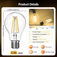 Dimmable A19 Led Light Bulbs 60W Equivalent, 2700K Warm Soft White Light Bulbs 6W E26 Base, Clear Glass Antique Filament Bulb For Living Room Bedroom Outdoor, 12Packs