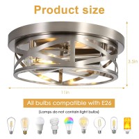 Close To Ceiling Light Fixtures, 2-Light Brushed Nickle Flush Mount Ceiling Light, 11 Inch Metal Cage Cross Modern Indoor House Ceiling Lights For Kitchen Bedroom Living Room Foyer Hallway Office