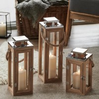 Lights4Fun Set Of 3 Nautical Wooden Decorative Truglow Led Candle Lanterns Battery Operated With Timer Ip44 Rated Indoor And Outdoor Use