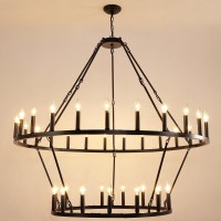 Wogon Weel Wagon Wheel Chandelier 2 Tier 40-Light 53-Inch, Farmhouse Industrial Chandelier Black Rustic Candle Pendant Light Extra Large For High Ceilings, Living Room Foyer