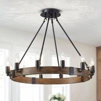 Wuzups 12-Light Wagon Wheel Candle Chandelier Large Rustic Farmhouse Industrial Round Ceiling Light Fixture For Dining Room Kitchen Island Foyer, H 21.9