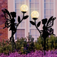 Ouddy Decor 2 Pack Solar Fairy Garden Decor Metal Fairy Statues With Crackle Glass Globe Solar Garden Lights Outdoor Silhouette