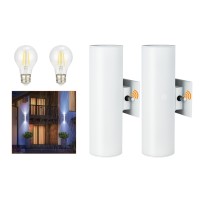 Outdoor Wall Lights, Exterior Dusk To Dawn Sensor Wall Lanterns, Matte White Front Door Lights With E26 Base Socket, Anti-Rust Waterproof Up Down Wall Mount Lights For Porch Patio Garage Doorway