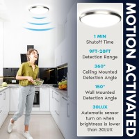 Luxrite Motion Sensor Led Flush Mount Ceiling Light, 15 Inch, 5Cct Selectable 2700K 3000K 3500K 4000K 5000K, 60S Timeout, 24W, 1800Lm, Brushed Nickel, Damp Rated, Etl Listed - Indoor And Outdoor