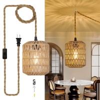 Alaislyc Plug In Pendant Light With Cord Onoff Switch Rattan Hanging Lamp With 15Ft Hand Woven Wicker Plug In Chandelier Boho H