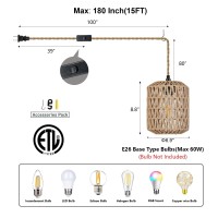 Alaislyc Plug In Pendant Light With Cord Onoff Switch Rattan Hanging Lamp With 15Ft Hand Woven Wicker Plug In Chandelier Boho H