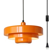 Doungros Plug In Pendant Light Mid Century Hanging Lamp With Plug In Cord Orange Pendant Lighting Fixtures Nordic Style Metal Sh