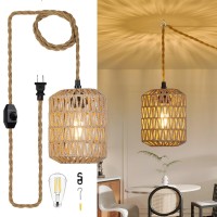 Alaislyc Plug In Pendant Light With 8W Led Bulb Warm Light3000Kdimmable Switch Cute Rattan Hanging Lamp Cord 15Ft Hand Woven W