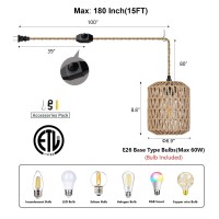 Alaislyc Plug In Pendant Light With 8W Led Bulb Warm Light3000Kdimmable Switch Cute Rattan Hanging Lamp Cord 15Ft Hand Woven W