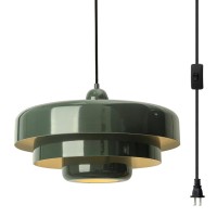 Doungros Plugin Green Pendant Light Fixtures 16Ft Hanging Lights With Plug In Cord 3Layer Shade Mid Century Modern Hanging La