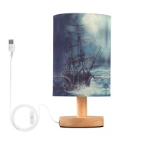 Yyzzh Table Lamp Octopus Pirate Ship Sea Monster Tentacle Sailboat Night Ocean Wave Nightstand Lamp With Wood Base Fabric Lamp S