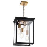 Todoluz Outdoor Pendant Light Fixtures, 4-Lights Large Outdoor Ceiling Hanging Lanterns In Black & Brushed Brass, Farmhouse Exterior Chandelier For Front Door Entry Patio