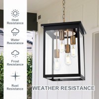 Todoluz Outdoor Pendant Light Fixtures, 4-Lights Large Outdoor Ceiling Hanging Lanterns In Black & Brushed Brass, Farmhouse Exterior Chandelier For Front Door Entry Patio