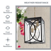 Winshen Outdoor Pendant Light Fixtures, Modern 3-Lights Exterior Hanging Lantern Clear Glass Panel, Black Large Outdoor Chandelier For Porch Patio Front Door