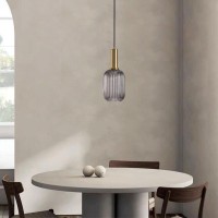 Hertl 1-Light Pendant Light Modern Hanging Lamp Ribbed Glass Shade Drop Ceiling Lights, Gold Metal Accent, Kitchen Island Lights Small Chandelier, Home D